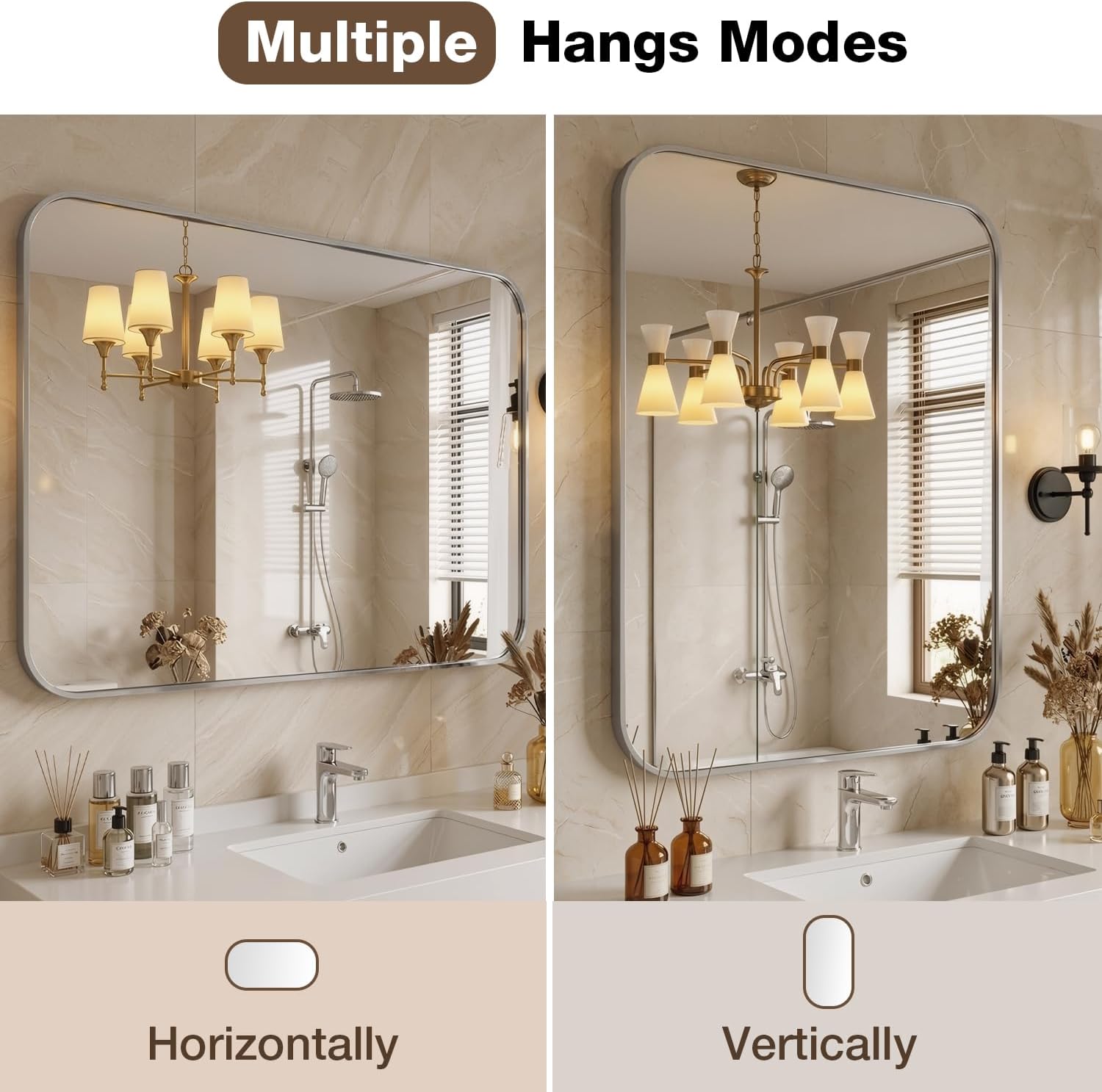 24x36 Bruhed Nickel Rectangle Vanity Bathroom Mirror, Set of 2 | Aluminum Alloy Frame, Clear Reflection, Rust-Resistant, Vertical or Horizontal, Wall Mount, Bedroom and Entryway